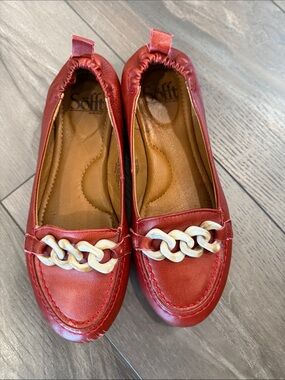 Red Chain-Trim Leather Sofft Loafers